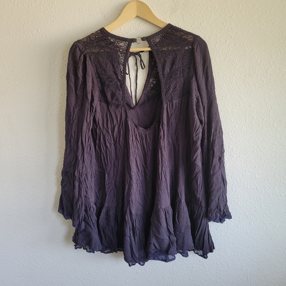 Free People Purple Bell Sleeve Tunic Dress Tie V-Neck Womens Size S - Picture 6 of 9